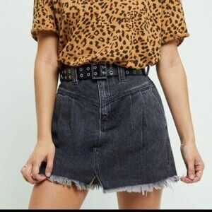 Free People Sidecar Black Denim Mini Skirt Sz 30 High Rise Raw Fringe NWT